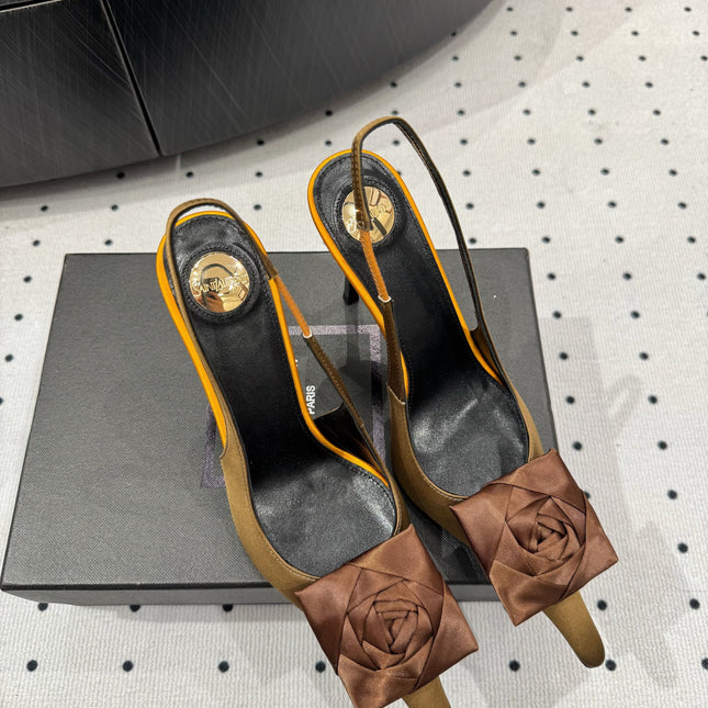 YSL 26S SLINGBACK HEELS 105 MM IN BROWN AND OLIVE SATIN