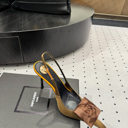 YSL 26S SLINGBACK HEELS 105 MM IN BROWN AND OLIVE SATIN