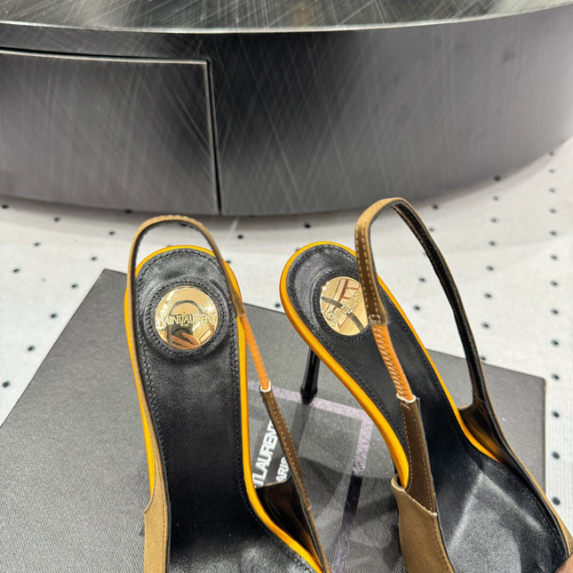 YSL 26S SLINGBACK HEELS 105 MM IN BROWN AND OLIVE SATIN
