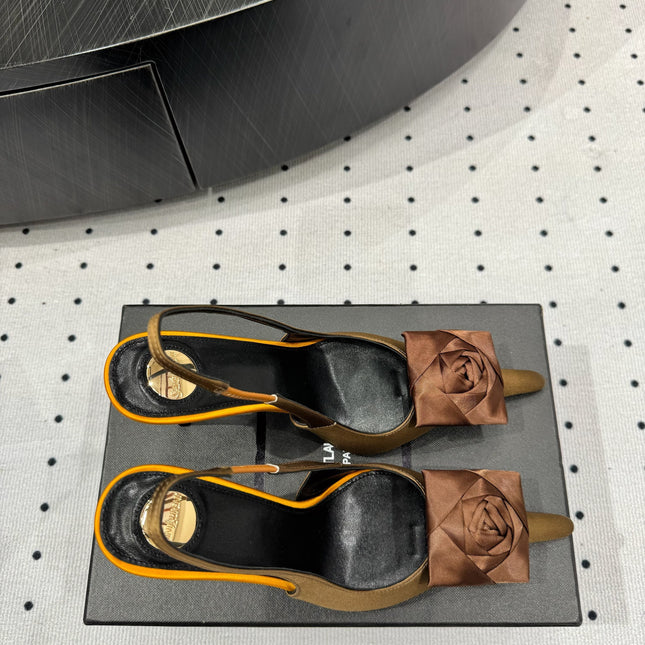 YSL 26S SLINGBACK HEELS 105 MM IN BROWN AND OLIVE SATIN