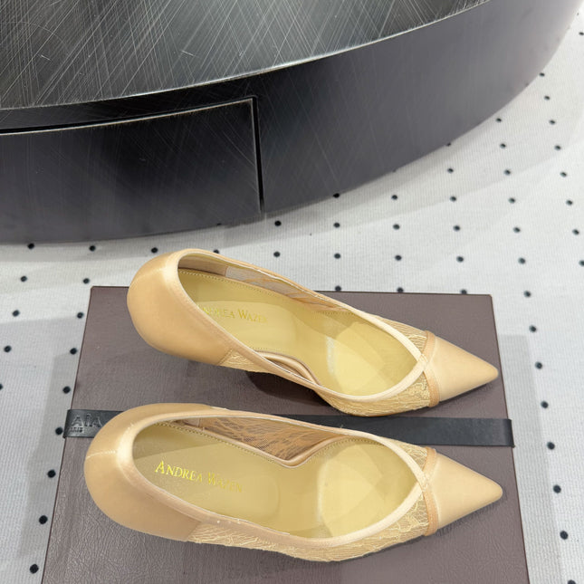 POINTED-TOE HIGH PUMPS 95MM IN YELLOW MESH AND SILK