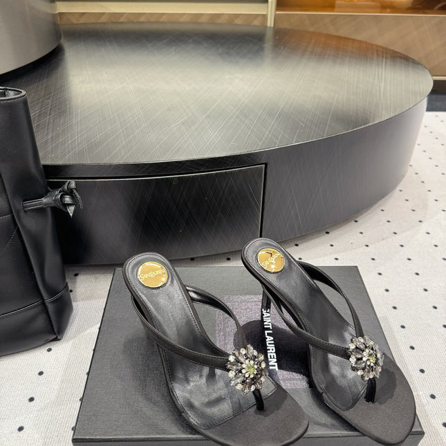 YSL 26S TOE-POST HIGH HEEL SANDALS 75 MM IN BLACK FABRIC