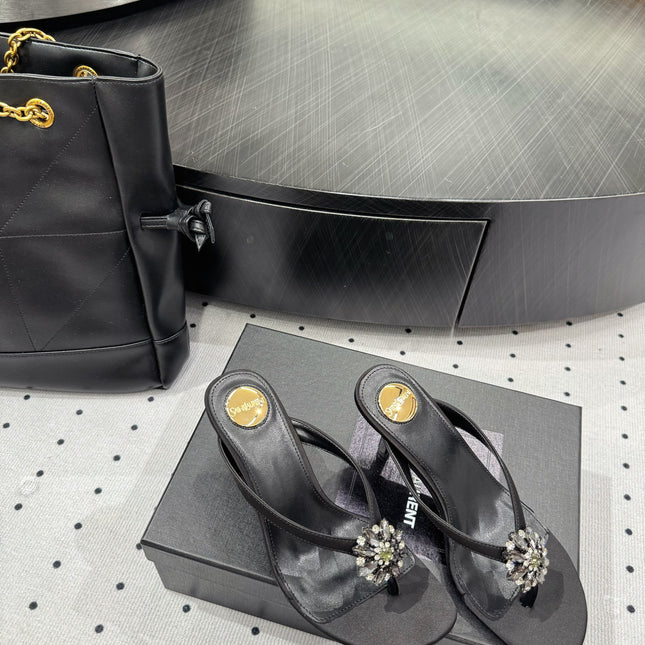 YSL 26S TOE-POST HIGH HEEL SANDALS 75 MM IN BLACK FABRIC
