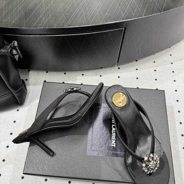YSL 26S TOE-POST HIGH HEEL SANDALS 75 MM IN BLACK FABRIC