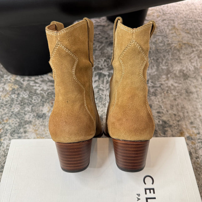 CELINE 26S ANKLE BOOTS 55 MM IN CAMEL BROWN SUEDE