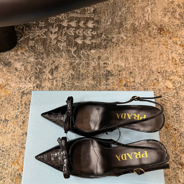 PRADA 25S SLINGBACK HIGH HEELS 75 MM IN BLACK EMBOSSED COWHIDE
