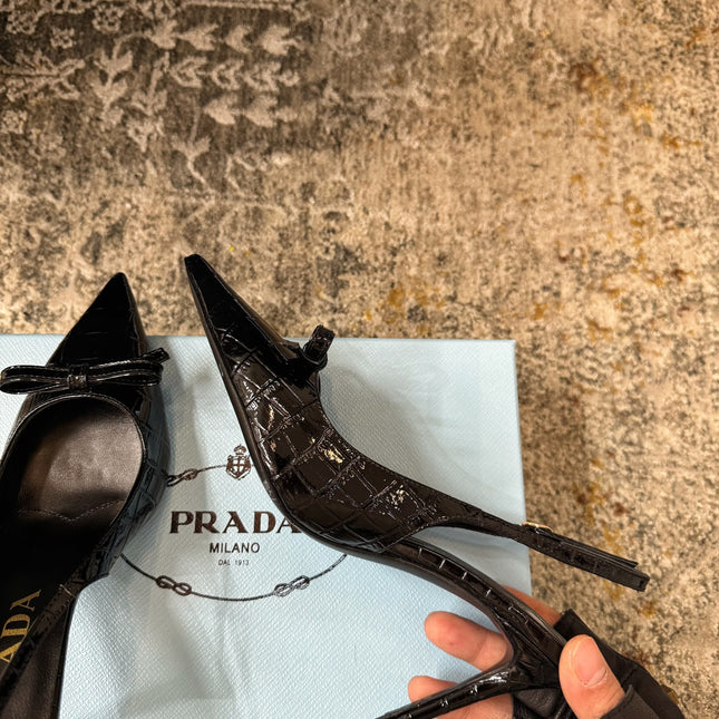 PRADA 25S SLINGBACK HIGH HEELS 75 MM IN BLACK EMBOSSED COWHIDE