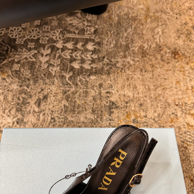 PRADA 25S SLINGBACK HIGH HEELS 75 MM IN BLACK EMBOSSED COWHIDE