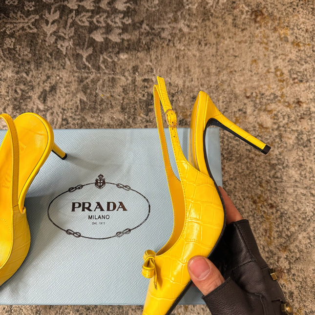 PRADA 25S SLINGBACK HIGH HEELS 75 MM IN YELLOW EMBOSSED COWHIDE