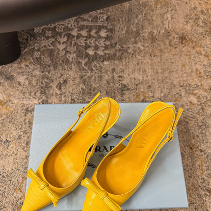 PRADA 25S SLINGBACK HIGH HEELS 75 MM IN YELLOW EMBOSSED COWHIDE