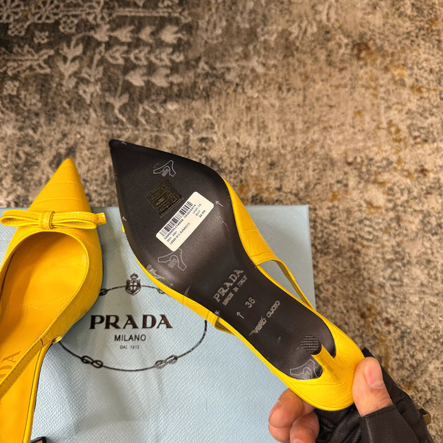 PRADA 25S SLINGBACK HIGH HEELS 75 MM IN YELLOW EMBOSSED COWHIDE