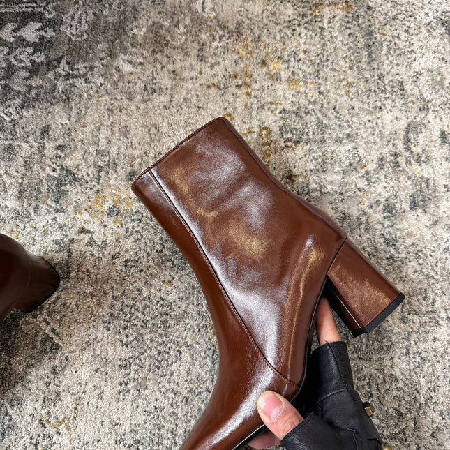 YSL 26S ANKLE BOOTS 70 MM IN BROWN SHINY CALFSKIN