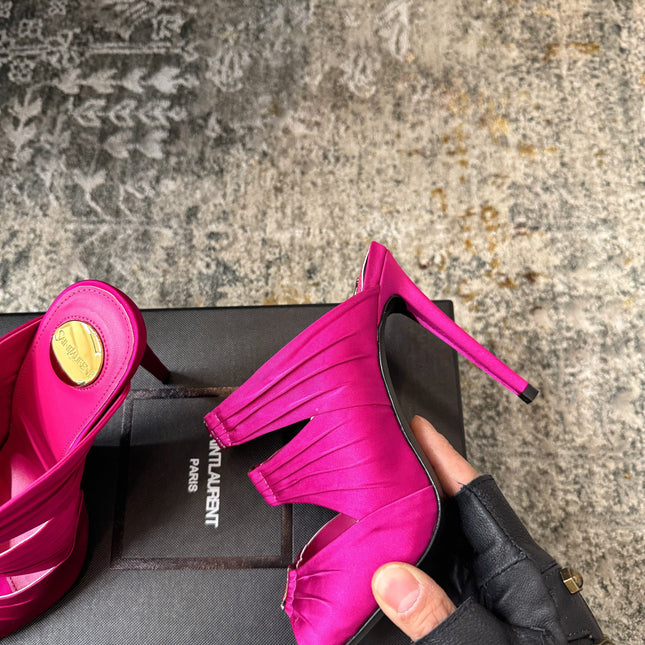 YSL 26S HEELED SANDALS 100 MM IN DARK PINK FABRIC