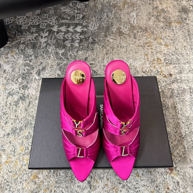 YSL 26S HEELED SANDALS 100 MM IN DARK PINK FABRIC