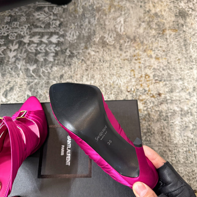 YSL 26S HEELED SANDALS 100 MM IN DARK PINK FABRIC