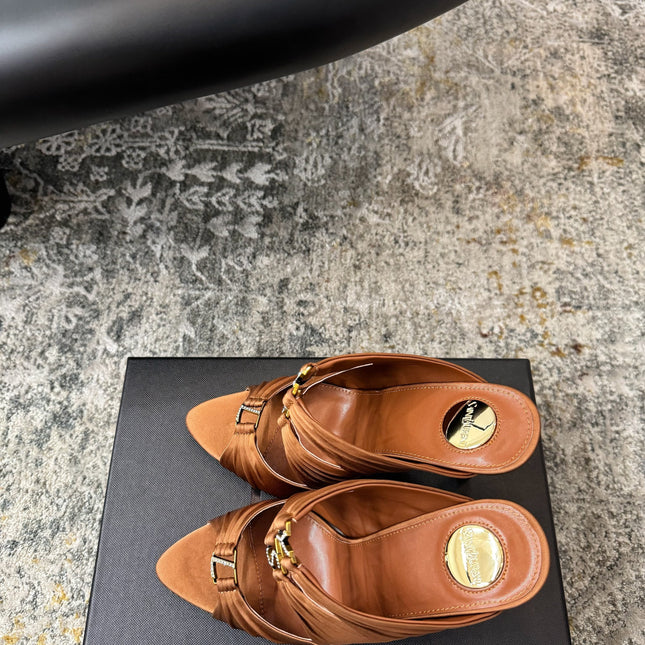 YSL 26S HEELED SANDALS 100 MM IN CLAY BROWN FABRIC