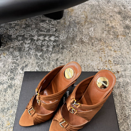 YSL 26S HEELED SANDALS 100 MM IN CLAY BROWN FABRIC