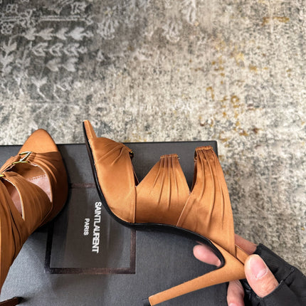 YSL 26S HEELED SANDALS 100 MM IN CLAY BROWN FABRIC