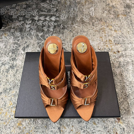 YSL 26S HEELED SANDALS 100 MM IN CLAY BROWN FABRIC