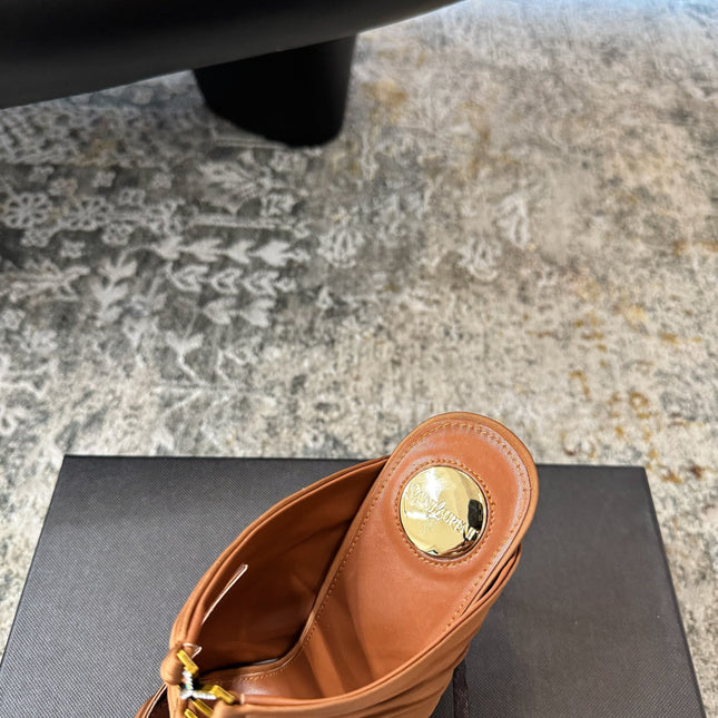 YSL 26S HEELED SANDALS 100 MM IN CLAY BROWN FABRIC