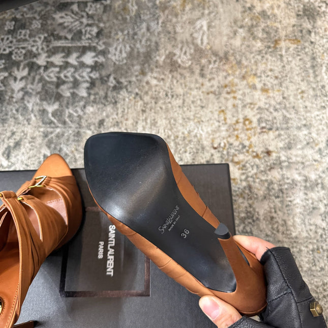 YSL 26S HEELED SANDALS 100 MM IN CLAY BROWN FABRIC