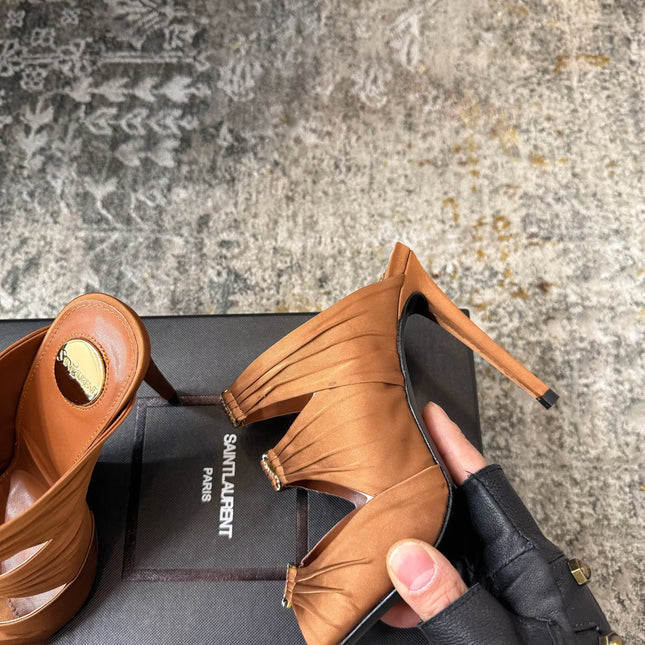 YSL 26S HEELED SANDALS 100 MM IN CLAY BROWN FABRIC
