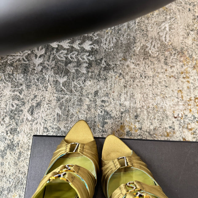 YSL 26S HEELED SANDALS 100 MM IN OLIVE GREEN FABRIC