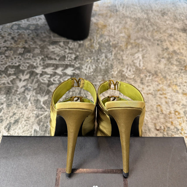YSL 26S HEELED SANDALS 100 MM IN OLIVE GREEN FABRIC