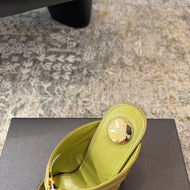 YSL 26S HEELED SANDALS 100 MM IN OLIVE GREEN FABRIC