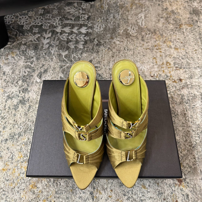 YSL 26S HEELED SANDALS 100 MM IN OLIVE GREEN FABRIC