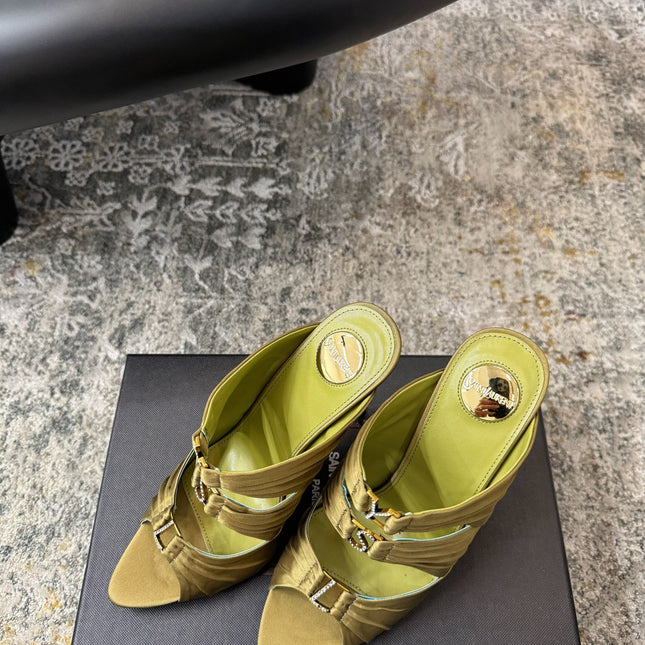 YSL 26S HEELED SANDALS 100 MM IN OLIVE GREEN FABRIC