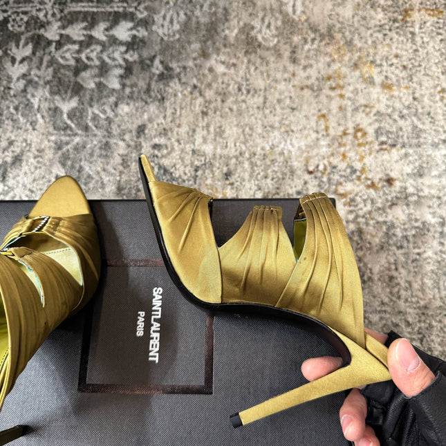 YSL 26S HEELED SANDALS 100 MM IN OLIVE GREEN FABRIC
