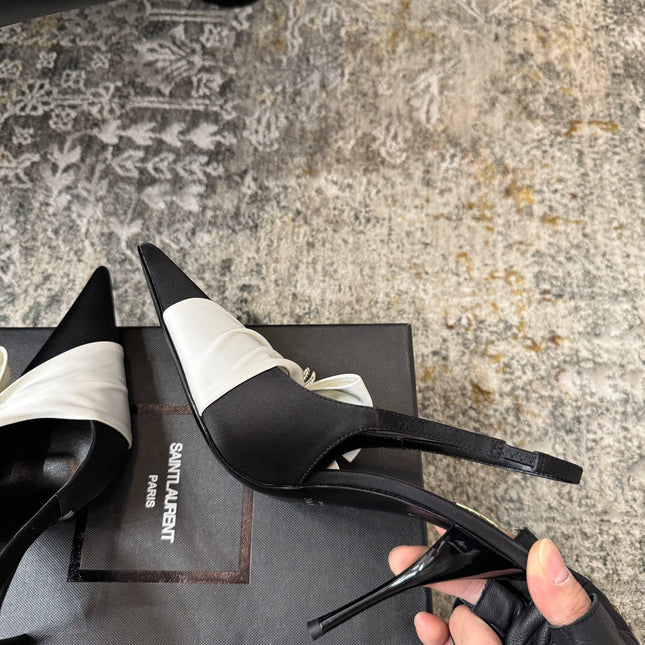 YSL 26S HEELED SLINGBACKS 100 MM IN BLACK AND WHITE SILK