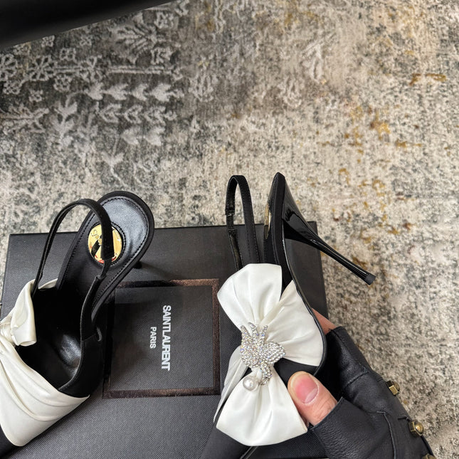 YSL 26S HEELED SLINGBACKS 100 MM IN BLACK AND WHITE SILK
