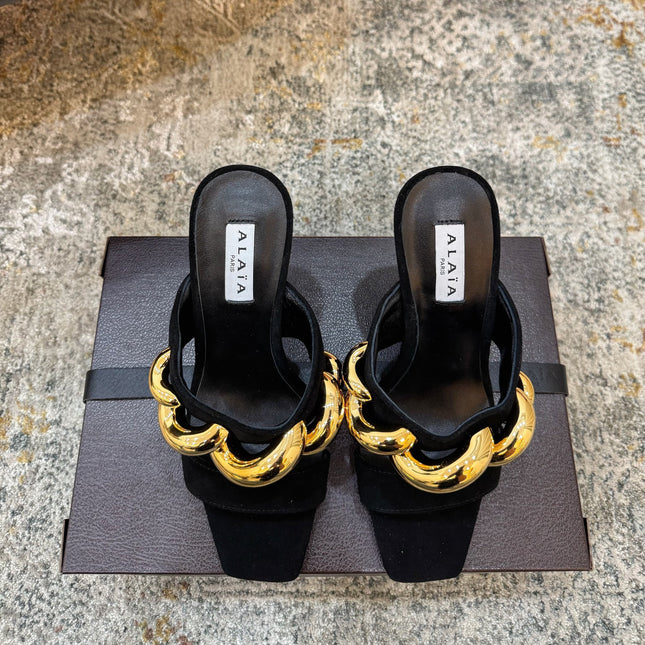 ALAIA 26S DOUBLE STRAP WEDGE SANDALS 110 MM IN BLACK SUEDE WITH GOLD HARDWARE