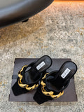ALAIA 26S DOUBLE STRAP WEDGE SANDALS 110 MM IN BLACK SUEDE WITH GOLD HARDWARE