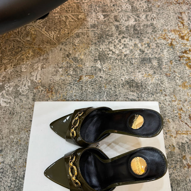 YSL 26S POINTED TOE HIGH HEEL SANDALS 100 MM IN DARK OLIVE GREEN GLOSSY CALFSKIN