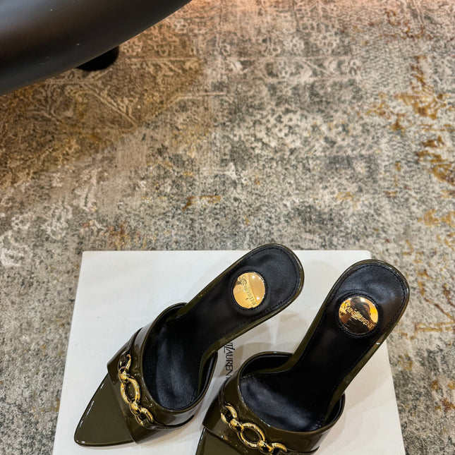 YSL 26S POINTED TOE HIGH HEEL SANDALS 100 MM IN DARK OLIVE GREEN GLOSSY CALFSKIN