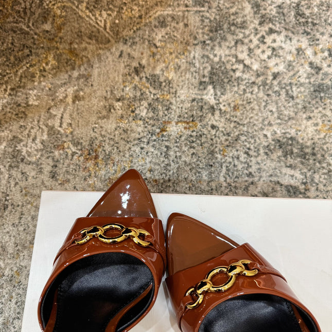 YSL 26S POINTED TOE HIGH HEEL SANDALS 100 MM IN BROWN GLOSSY CALFSKIN