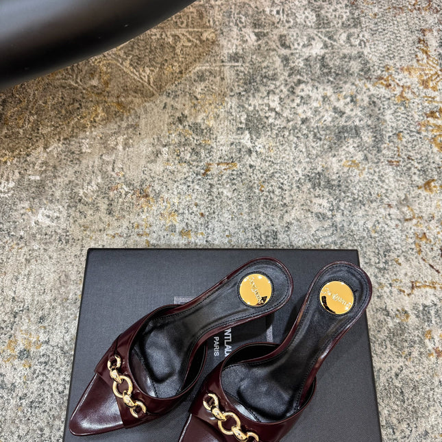 YSL 26S POINTED TOE HIGH HEEL SANDALS 65 MM DARK RED SHINY CALFSKIN