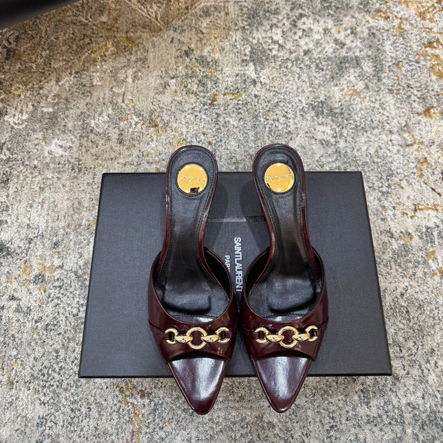 YSL 26S POINTED TOE HIGH HEEL SANDALS 65 MM DARK RED SHINY CALFSKIN
