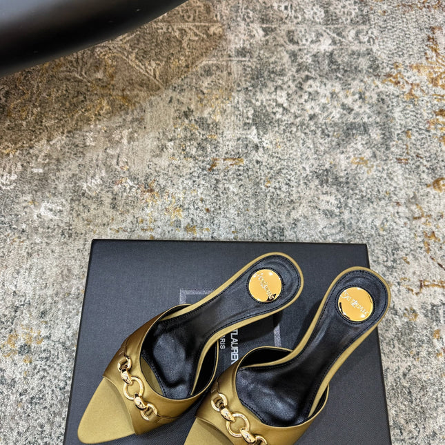YSL 26S POINTED TOE HIGH HEEL SANDALS 65 MM IN OLIVE GREEN FABRIC
