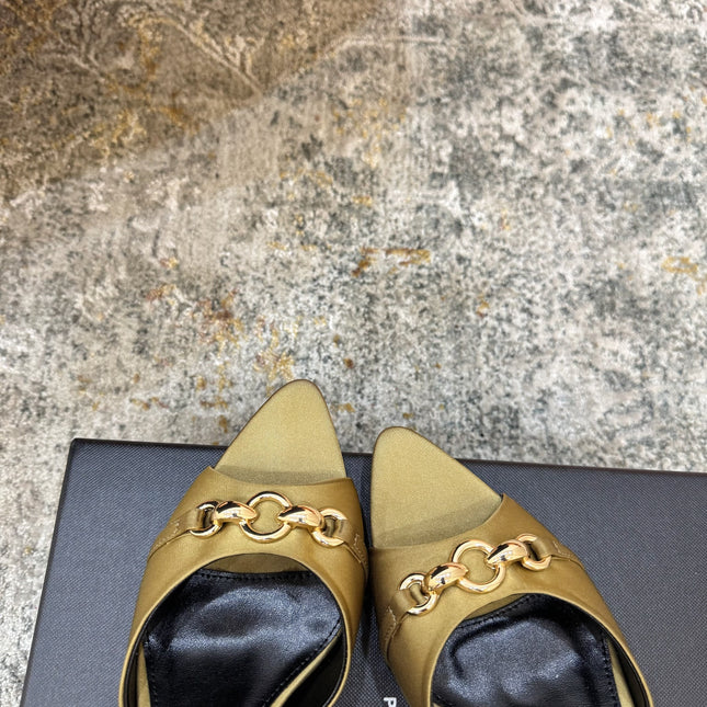 YSL 26S POINTED TOE HIGH HEEL SANDALS 65 MM IN OLIVE GREEN FABRIC