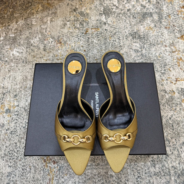 YSL 26S POINTED TOE HIGH HEEL SANDALS 65 MM IN OLIVE GREEN FABRIC