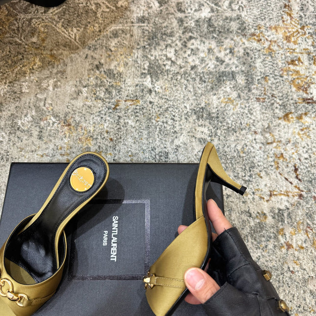 YSL 26S POINTED TOE HIGH HEEL SANDALS 65 MM IN OLIVE GREEN FABRIC