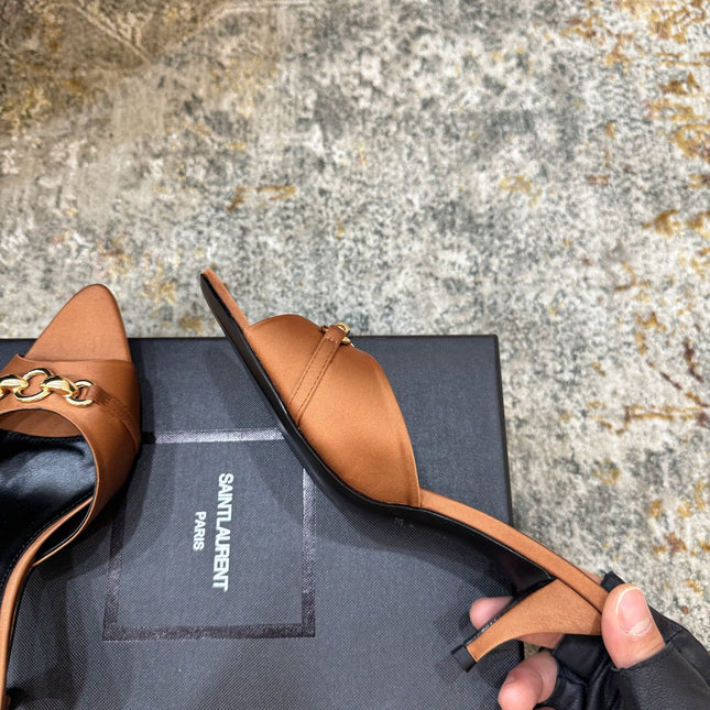 YSL 26S POINTED TOE HIGH HEEL SANDALS 65 MM IN BROWN FABRIC