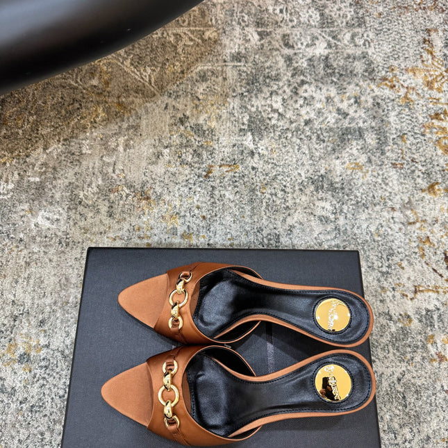 YSL 26S POINTED TOE HIGH HEEL SANDALS 65 MM IN BROWN FABRIC