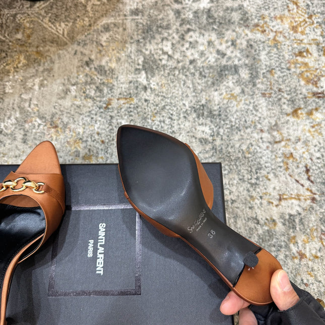 YSL 26S POINTED TOE HIGH HEEL SANDALS 65 MM IN BROWN FABRIC