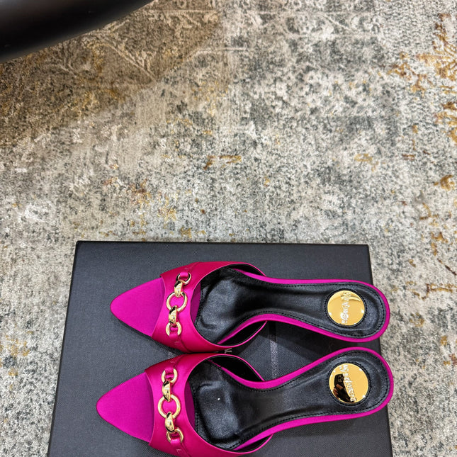 YSL 26S POINTED TOE HIGH HEEL SANDALS 65 MM IN DARK PINK FABRIC