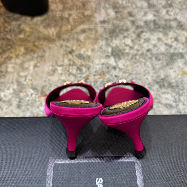 YSL 26S POINTED TOE HIGH HEEL SANDALS 65 MM IN DARK PINK FABRIC
